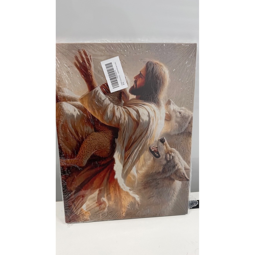 Jesus and the Lamb Protecting from Wolves Canvas Wall Art 16x12 New
